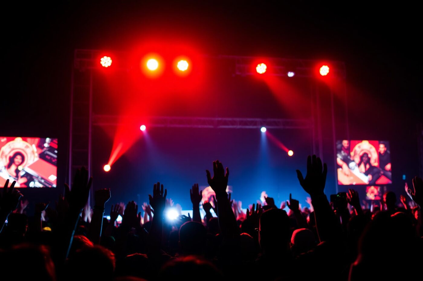 African concert crowd with red stage lights